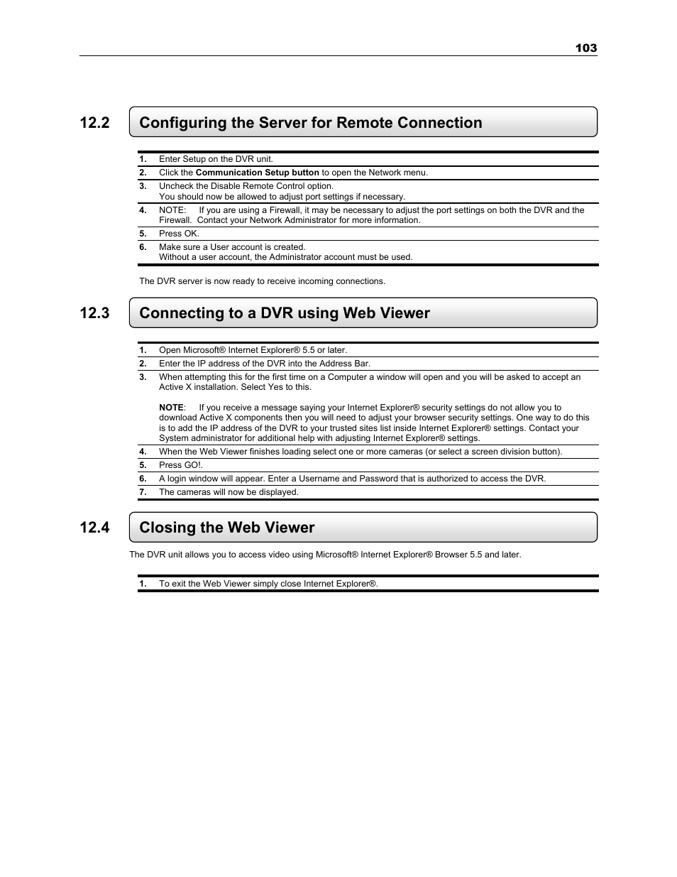 2 configuring the server for remote connection, 3 connecting to a dvr using web viewer, 4 closing the web viewer | Toshiba SURVEILLIX KV-KLR User Manual | Page 115 / 124