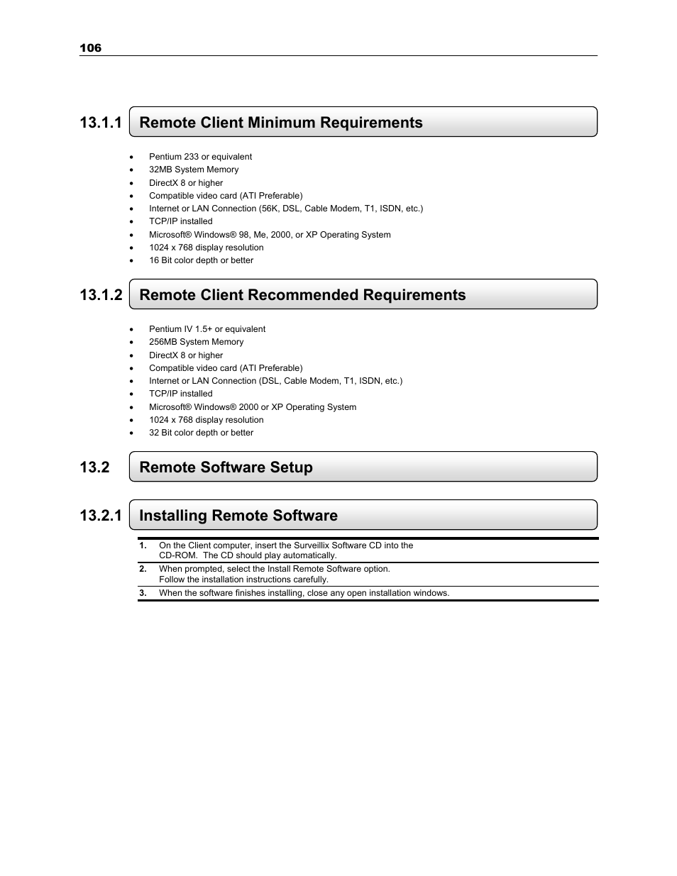 1 remote client minimum requirements, 2 remote client recommended requirements, 2 remote software setup | 1 installing remote software | Toshiba SURVEILLIX KV-KLR User Manual | Page 118 / 124