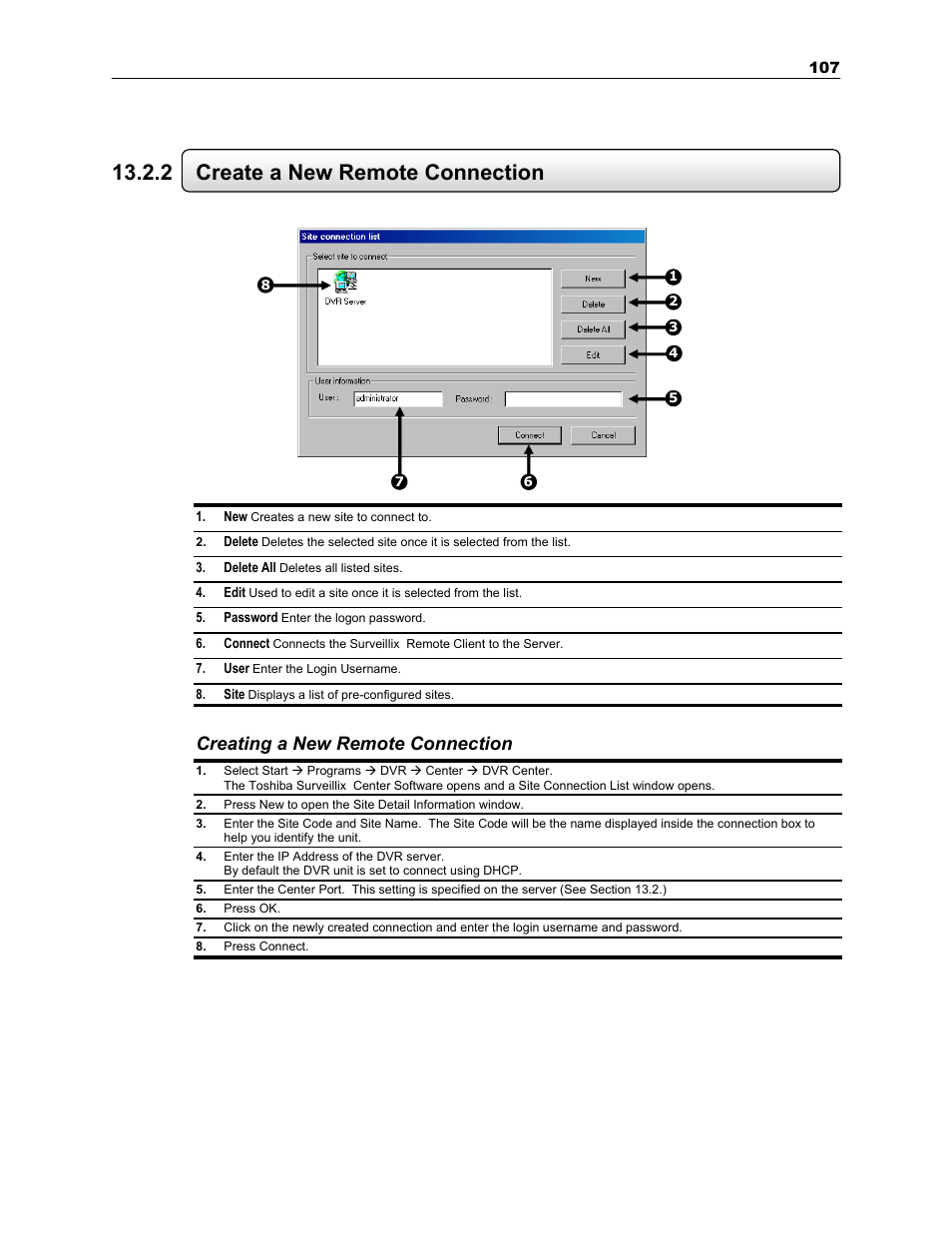 2 create a new remote connection, Creating a new remote connection | Toshiba SURVEILLIX KV-KLR User Manual | Page 119 / 124