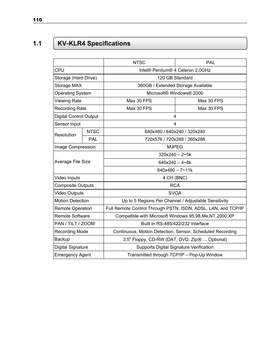 1 kv-klr4 specifications | Toshiba SURVEILLIX KV-KLR User Manual | Page 122 / 124