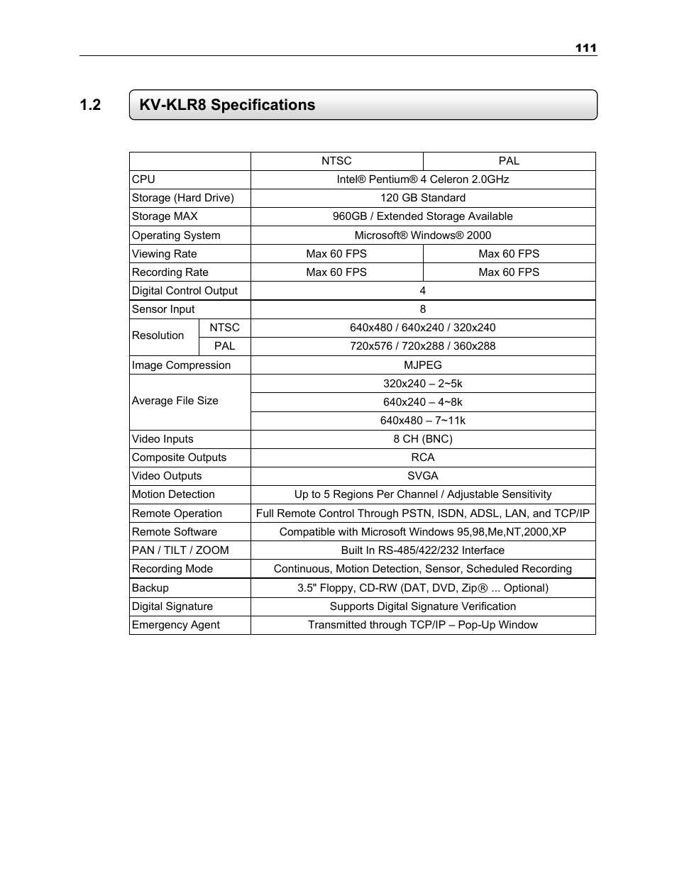 2 kv-klr8 specifications | Toshiba SURVEILLIX KV-KLR User Manual | Page 123 / 124