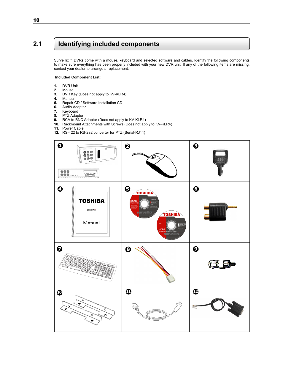 1 identifying included components, Manual | Toshiba SURVEILLIX KV-KLR User Manual | Page 22 / 124