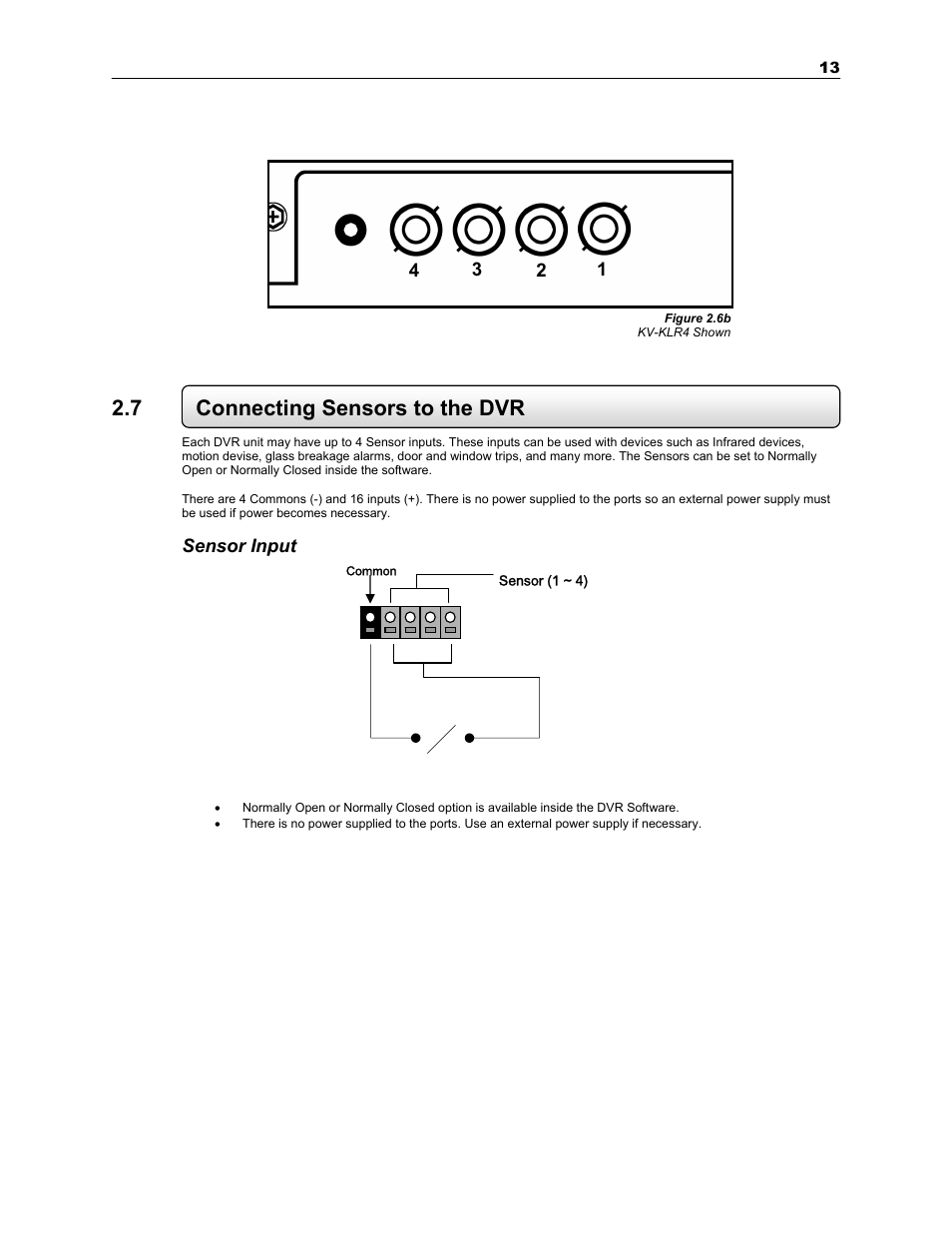 7 connecting sensors to the dvr | Toshiba SURVEILLIX KV-KLR User Manual | Page 25 / 124