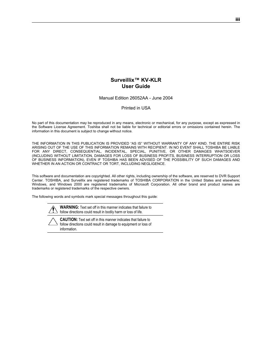 Surveillix™ kv-klr user guide | Toshiba SURVEILLIX KV-KLR User Manual | Page 3 / 124