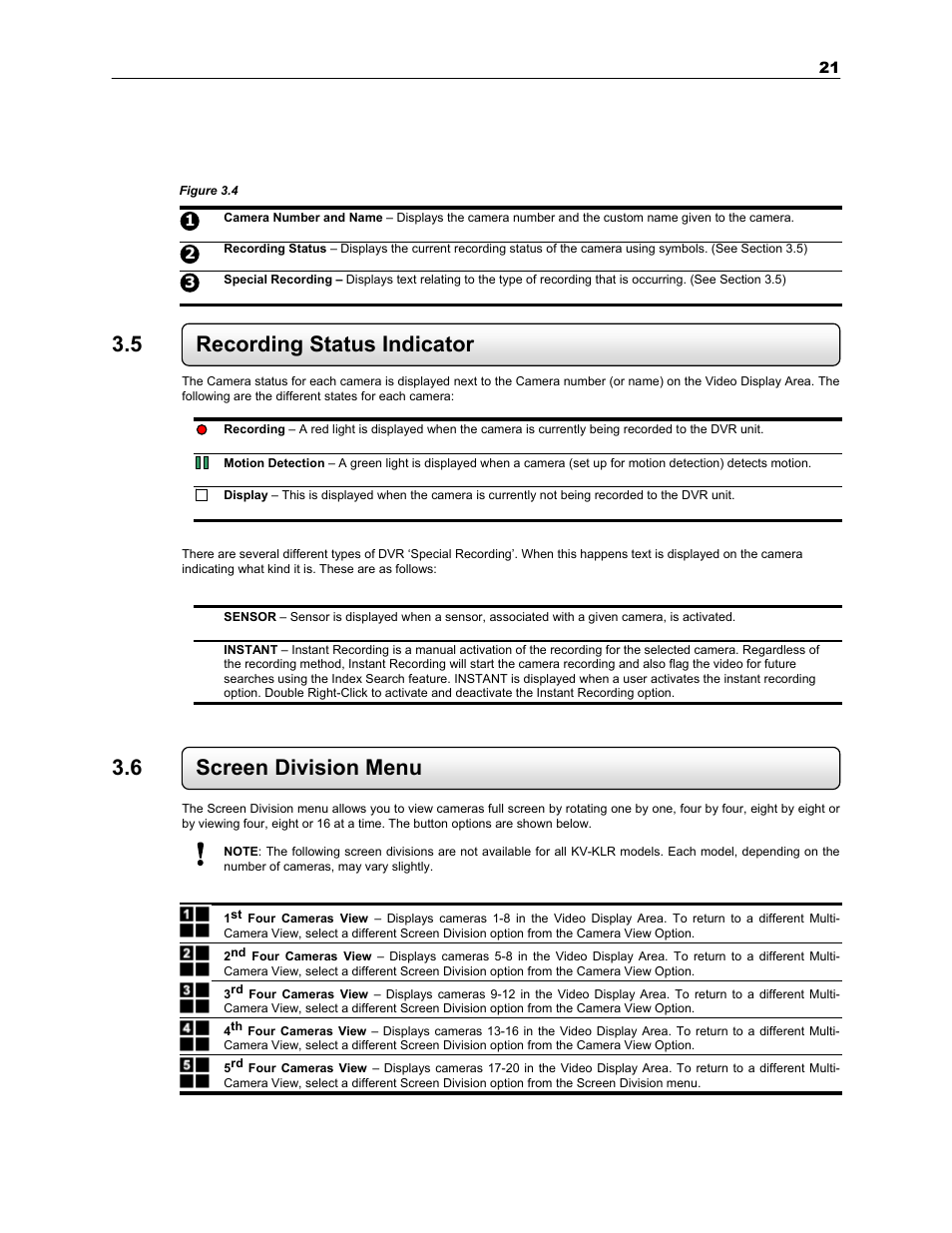 5 recording status indicator, 6 screen division menu | Toshiba SURVEILLIX KV-KLR User Manual | Page 33 / 124