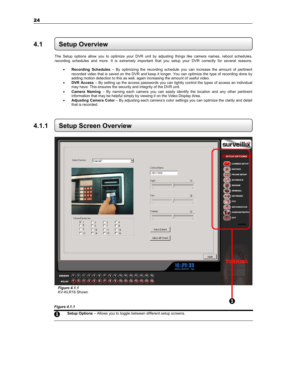 1 setup overview, 1 setup screen overview | Toshiba SURVEILLIX KV-KLR User Manual | Page 36 / 124