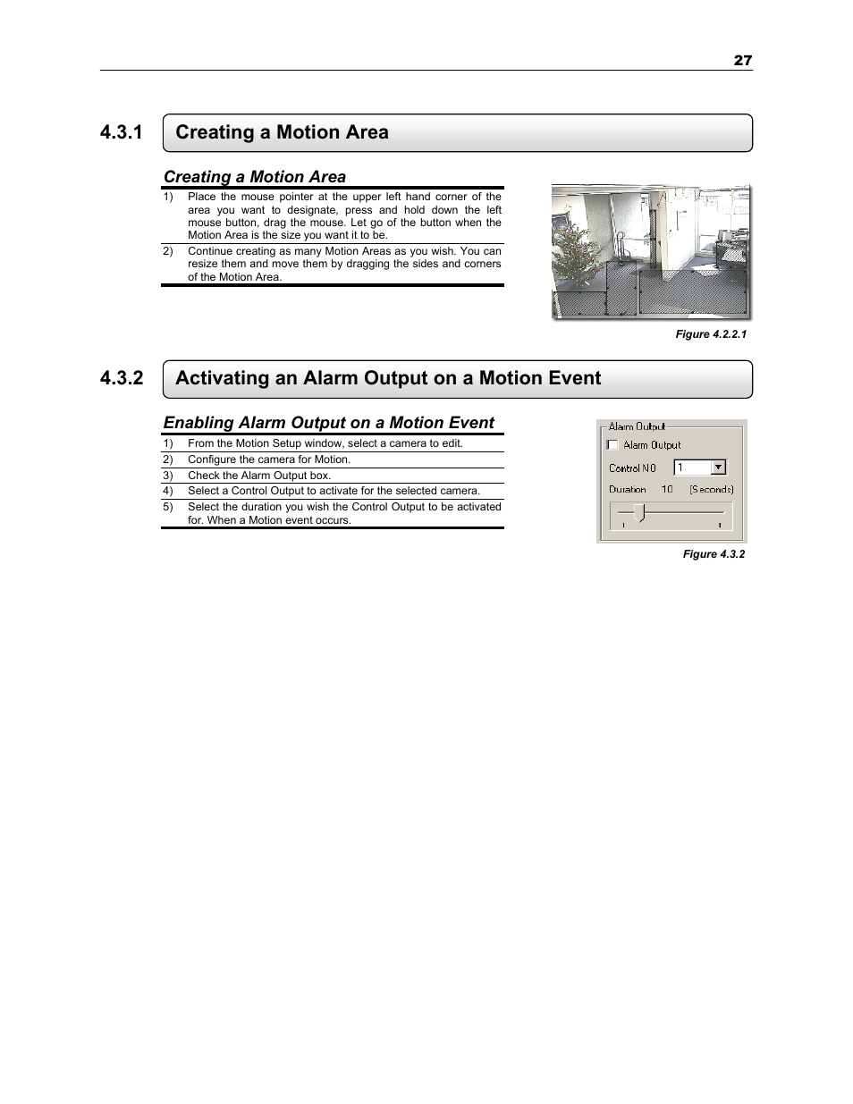 1 creating a motion area, 2 activating an alarm output on a motion event | Toshiba SURVEILLIX KV-KLR User Manual | Page 39 / 124
