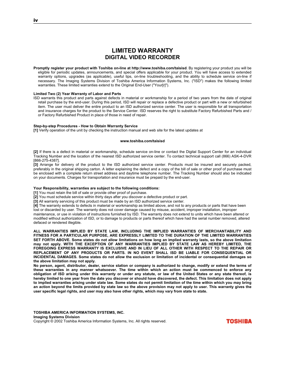 Limited warranty, Digital video recorder | Toshiba SURVEILLIX KV-KLR User Manual | Page 4 / 124