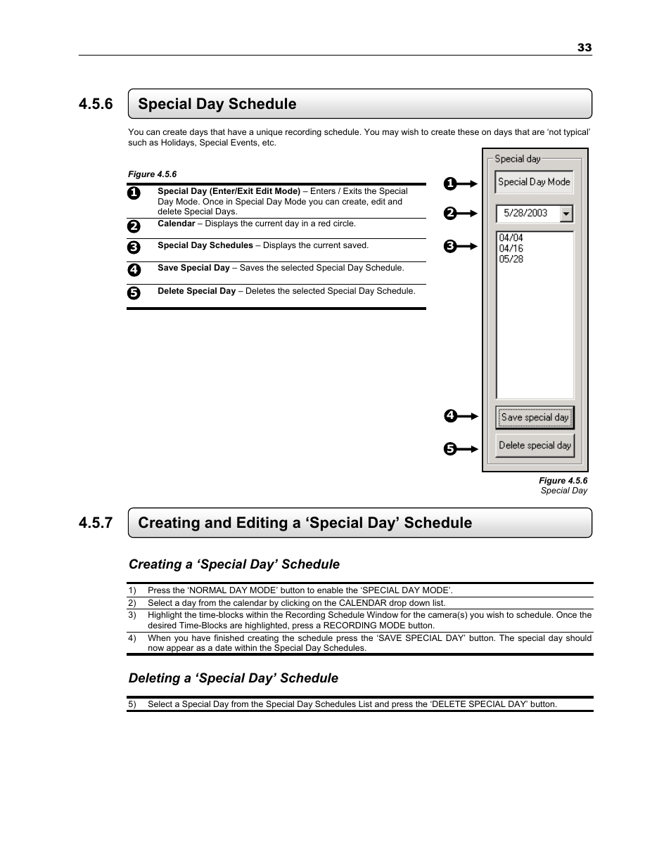 6 special day schedule, 7 creating and editing a ‘special day’ schedule, Creating a ‘special day’ schedule | Deleting a ‘special day’ schedule | Toshiba SURVEILLIX KV-KLR User Manual | Page 45 / 124