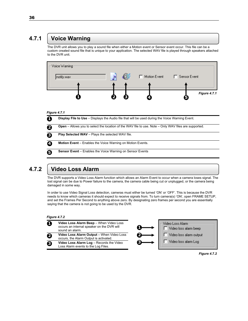 1 voice warning, 2 video loss alarm | Toshiba SURVEILLIX KV-KLR User Manual | Page 48 / 124