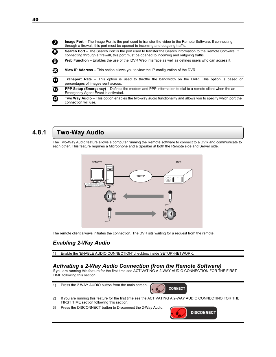 1 two-way audio, Enabling 2-way audio | Toshiba SURVEILLIX KV-KLR User Manual | Page 52 / 124