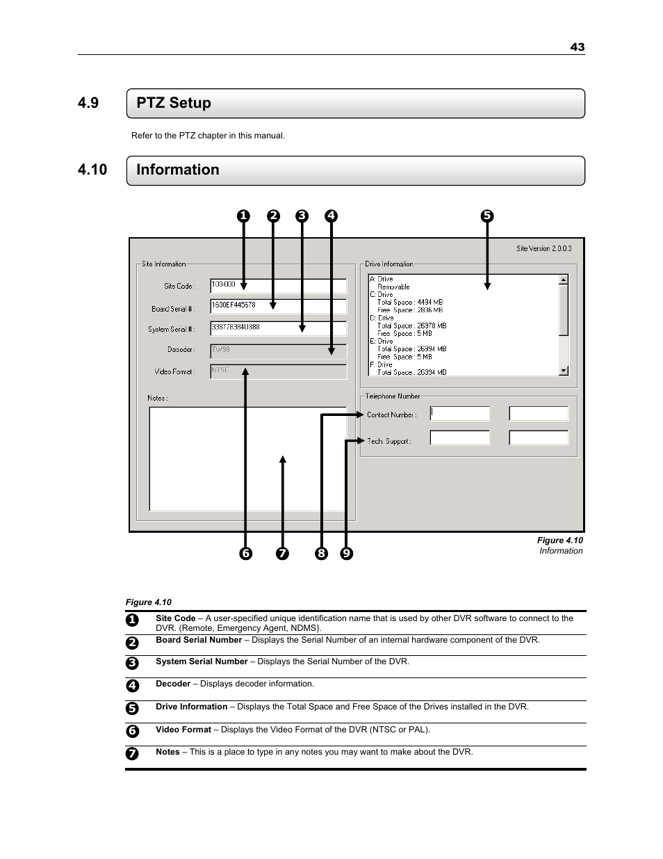 9 ptz setup, 10 information | Toshiba SURVEILLIX KV-KLR User Manual | Page 55 / 124
