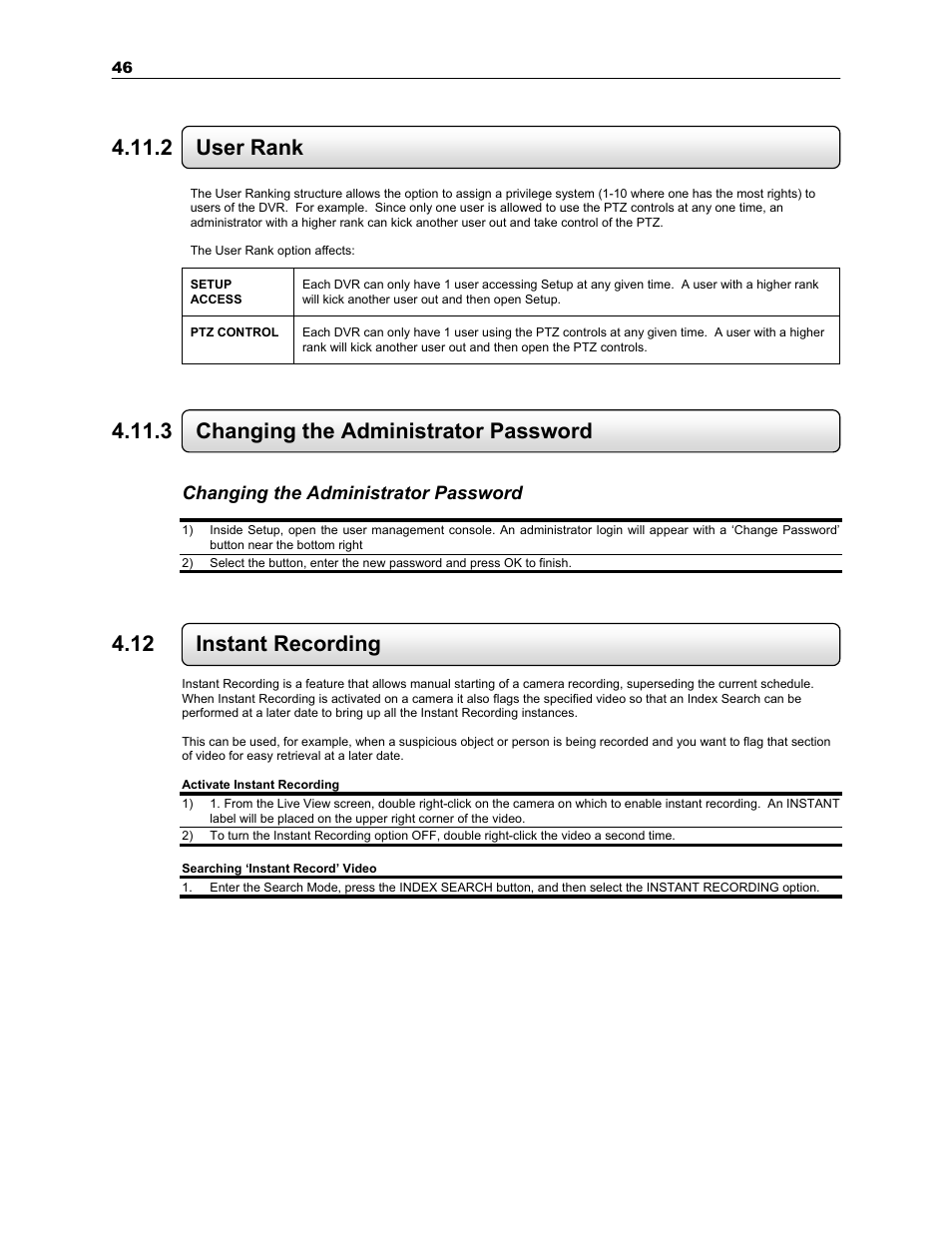 2 user rank, 3 changing the administrator password, 12 instant recording | Toshiba SURVEILLIX KV-KLR User Manual | Page 58 / 124