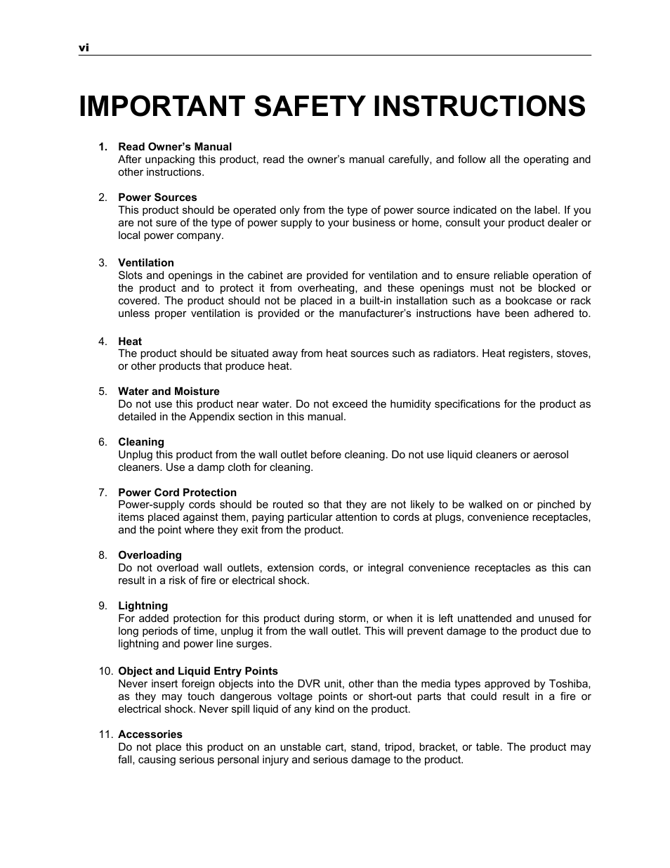 Important safety instructions | Toshiba SURVEILLIX KV-KLR User Manual | Page 6 / 124