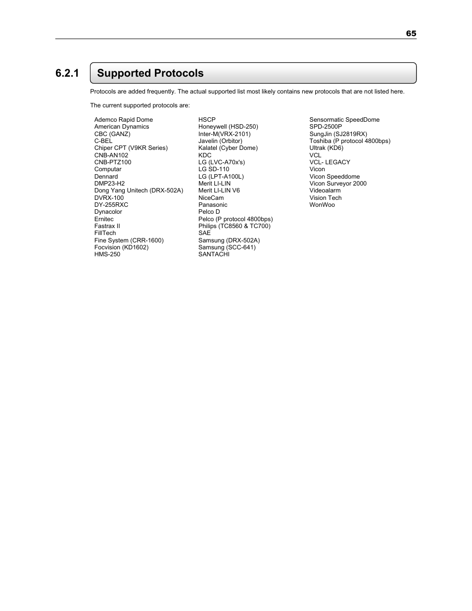 1 supported protocols | Toshiba SURVEILLIX KV-KLR User Manual | Page 77 / 124