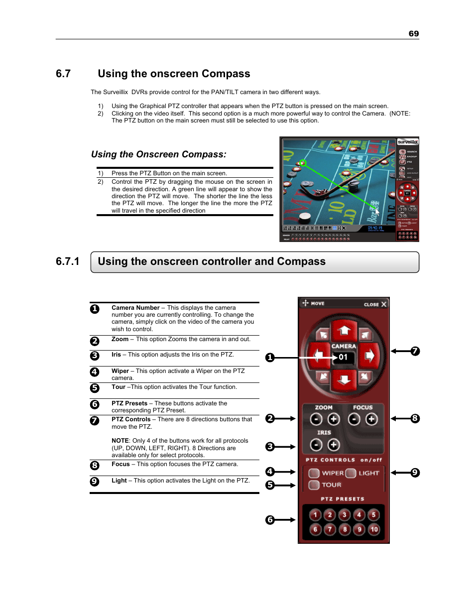 7 using the onscreen compass, 1 using the onscreen controller and compass, Using the onscreen compass | Toshiba SURVEILLIX KV-KLR User Manual | Page 81 / 124