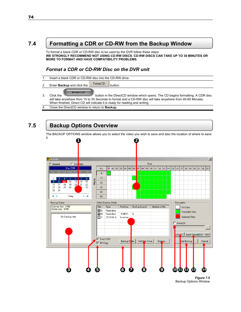 4 formatting a cdr or cd-rw from the backup window, 5 backup options overview | Toshiba SURVEILLIX KV-KLR User Manual | Page 86 / 124