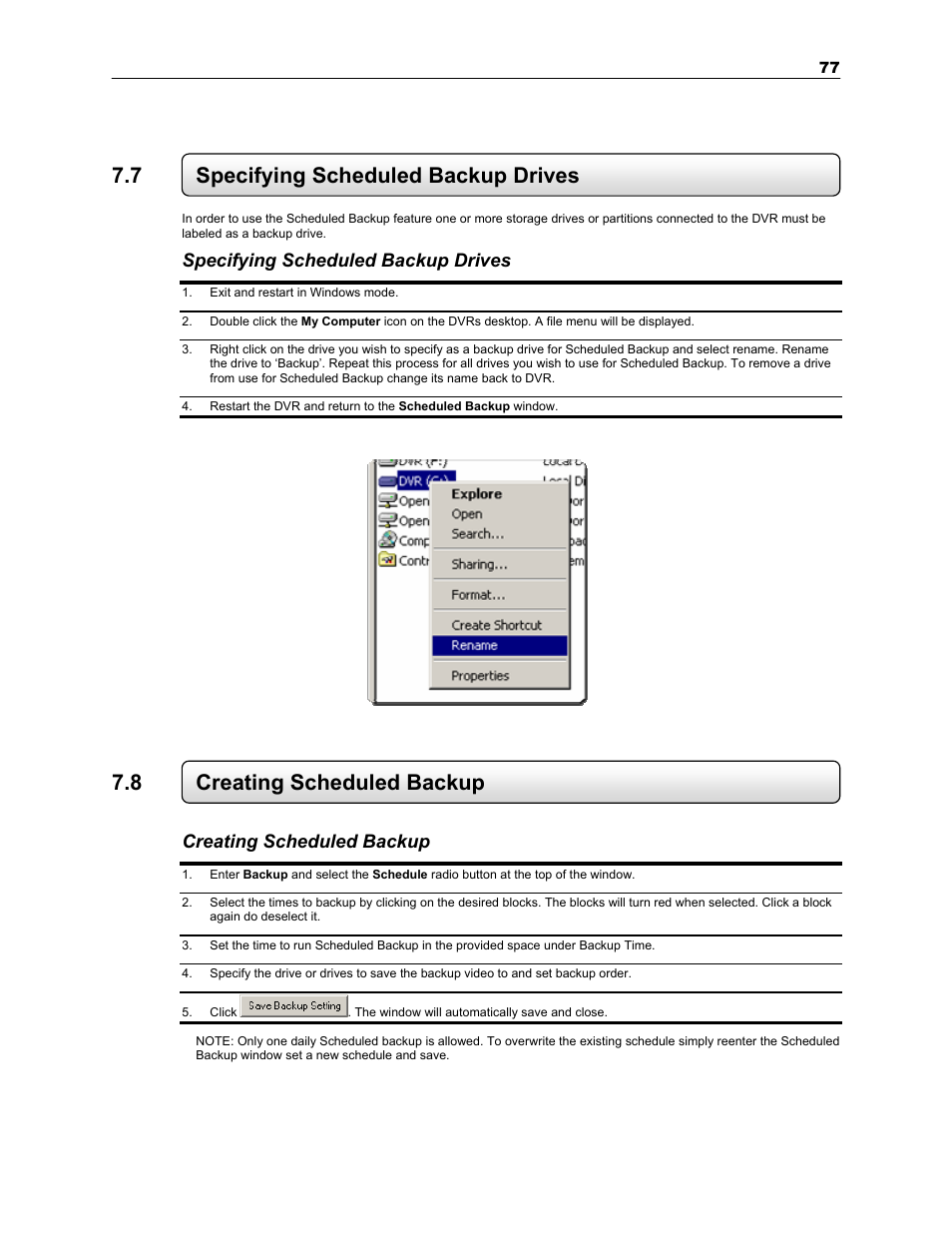7 specifying scheduled backup drives, 8 creating scheduled backup, Specifying scheduled backup drives | Creating scheduled backup | Toshiba SURVEILLIX KV-KLR User Manual | Page 89 / 124