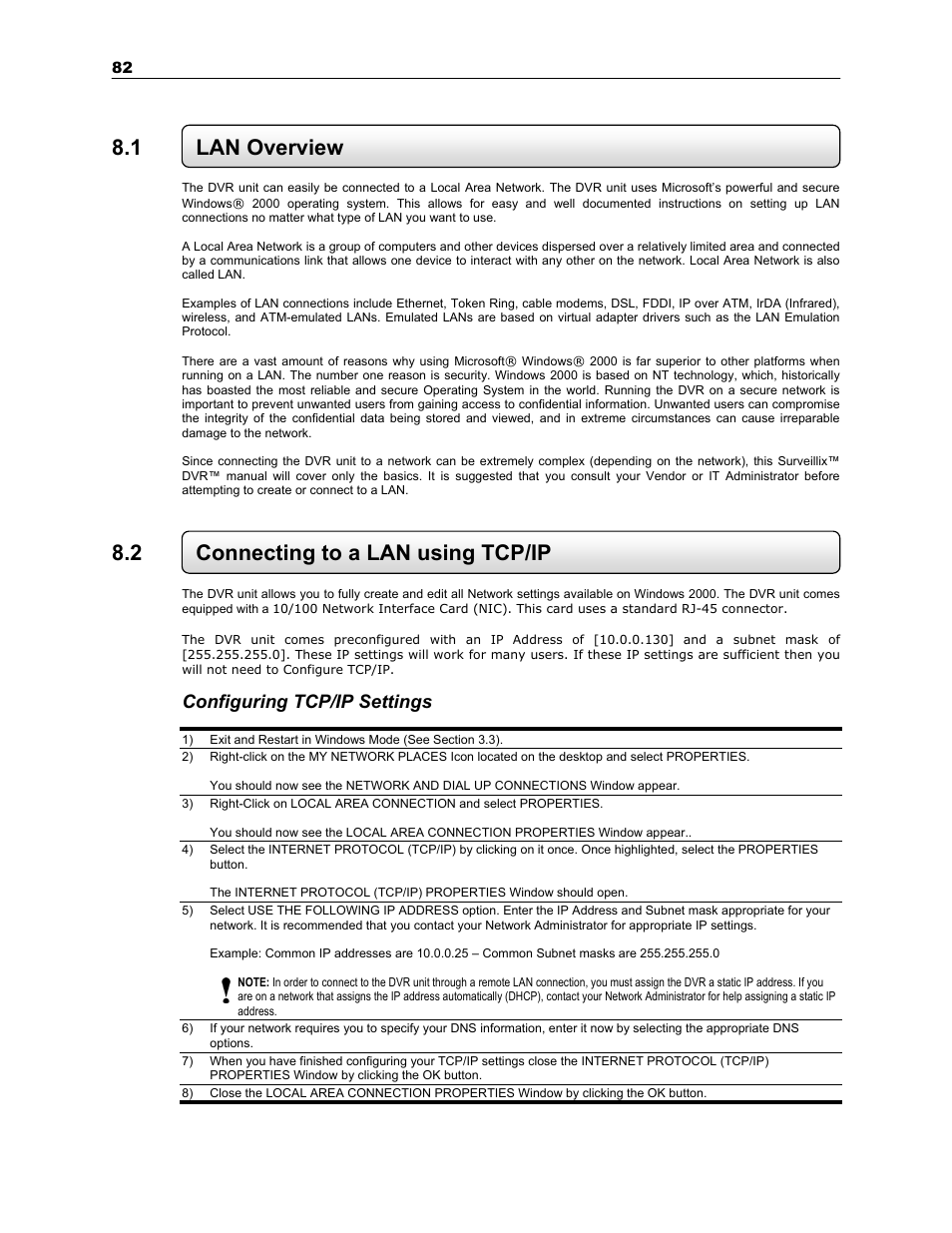 1 lan overview, 2 connecting to a lan using tcp/ip, Configuring tcp/ip settings | Toshiba SURVEILLIX KV-KLR User Manual | Page 94 / 124