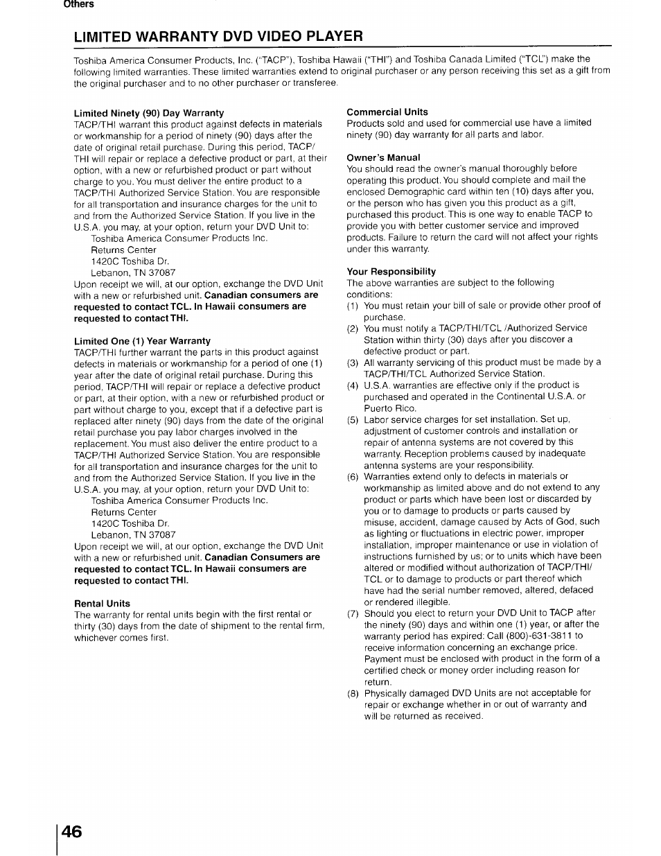 Limited warranty | Toshiba SD-100X User Manual | Page 45 / 47
