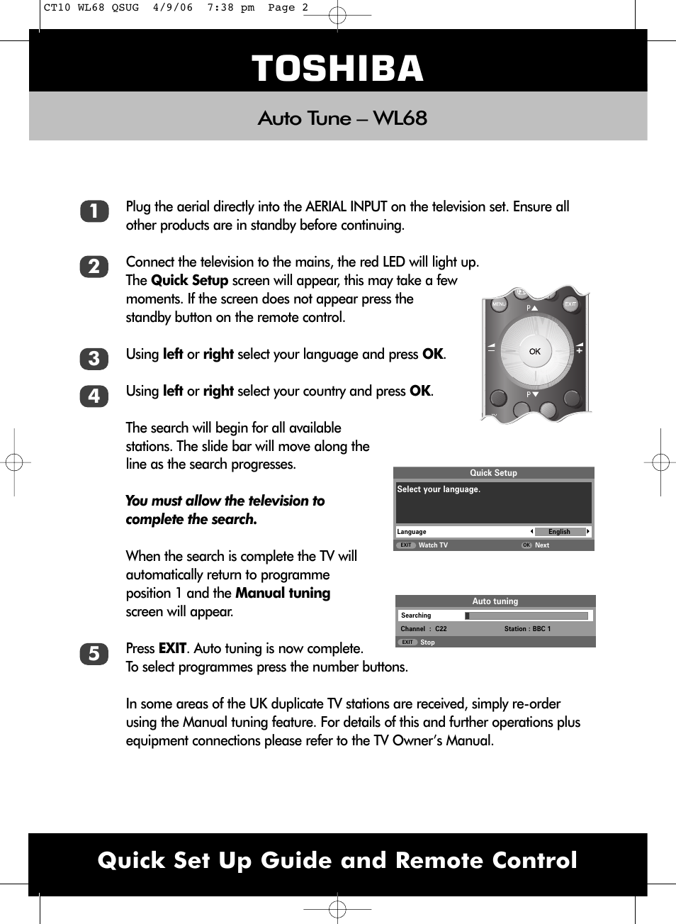 Toshiba, Quick set up guide and remote control, Auto tune – wl68 | Toshiba VX1A00016500 User Manual | Page 2 / 2