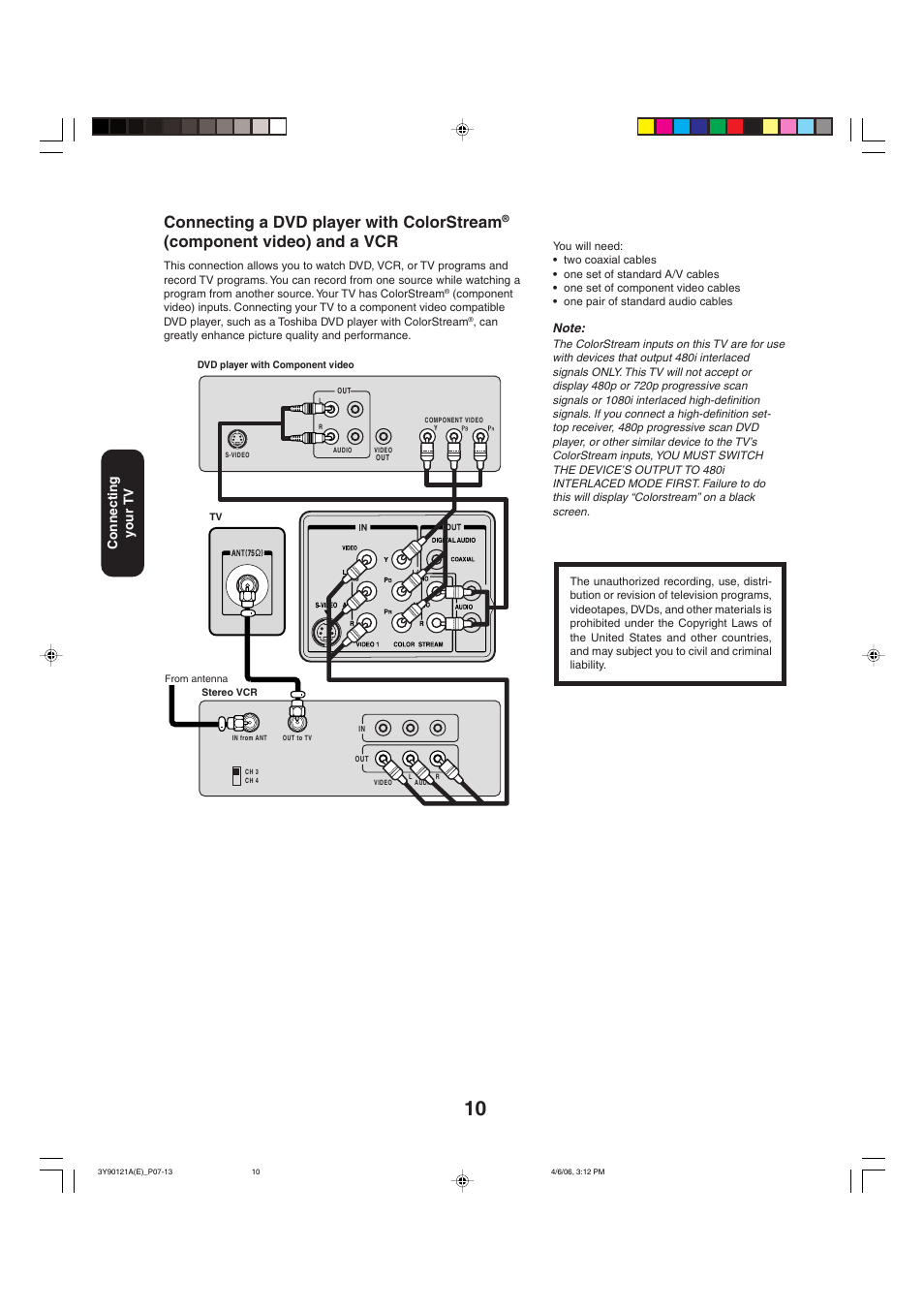 Connecting a dvd player with colorstream, Component video) and a vcr, Connecting your tv | Toshiba 26DF56 User Manual | Page 10 / 80