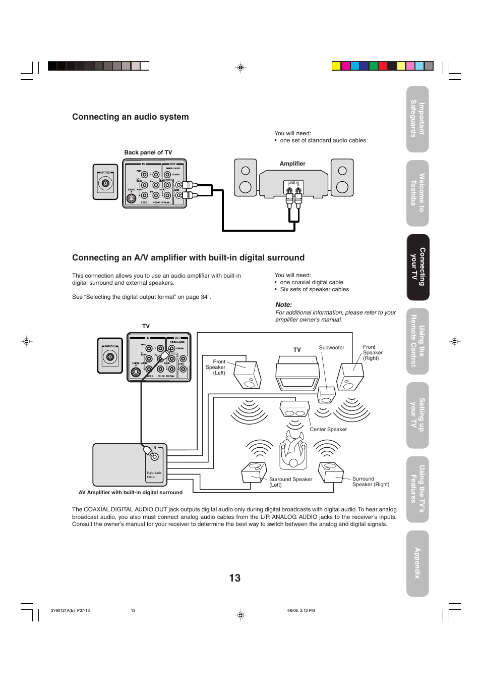 Connecting an audio system | Toshiba 26DF56 User Manual | Page 13 / 80