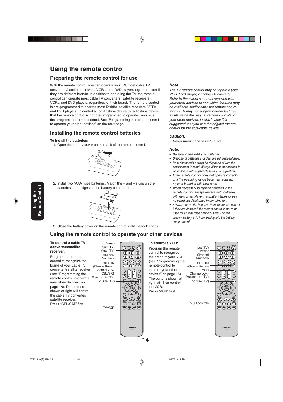 14 using the remote control, Preparing the remote control for use, Installing the remote control batteries | Toshiba 26DF56 User Manual | Page 14 / 80