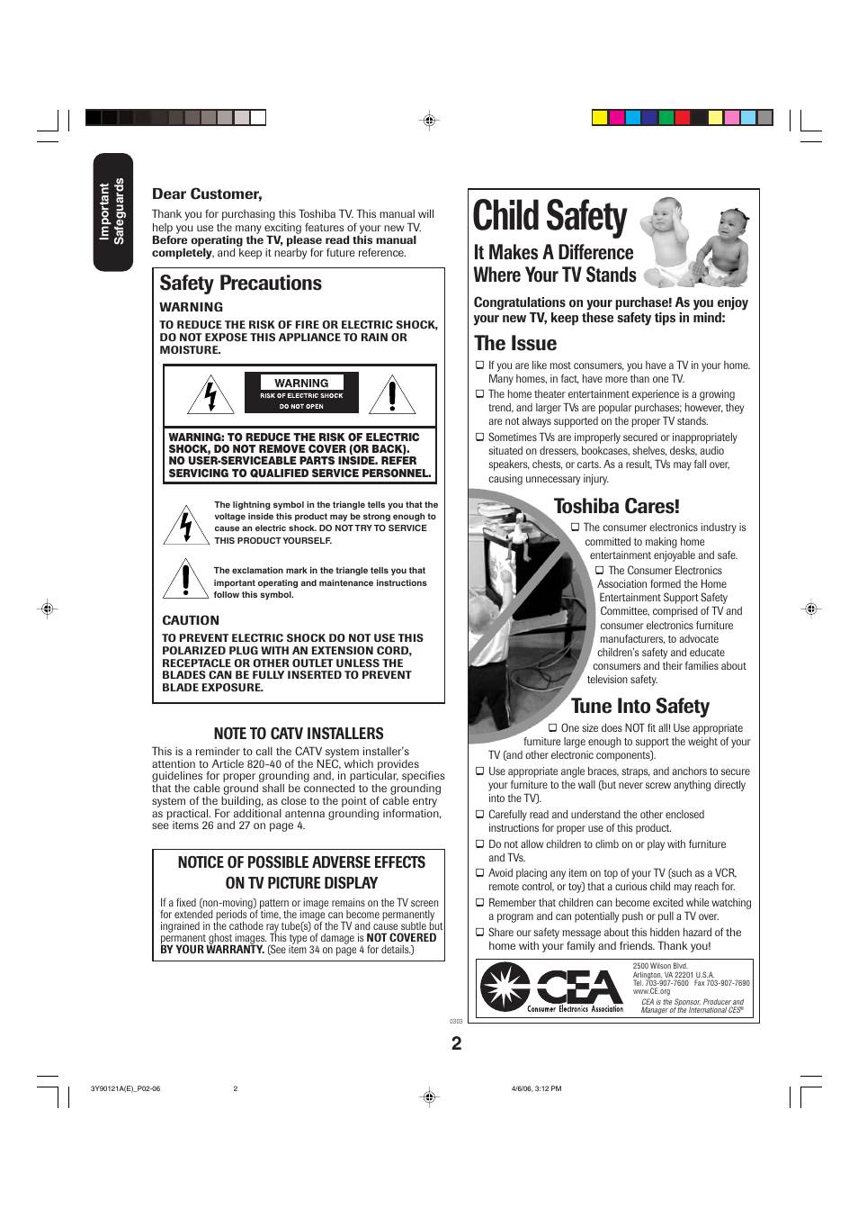 Child safety, It makes a difference where your tv stands, The issue | Toshiba cares, Tune into safety, Safety precautions | Toshiba 26DF56 User Manual | Page 2 / 80