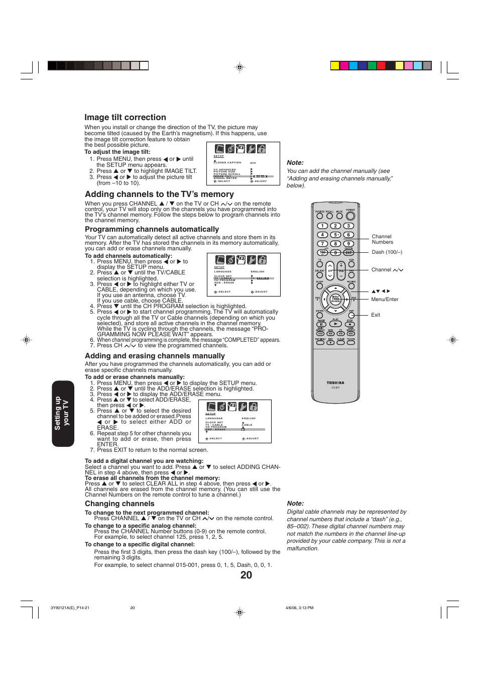 Image tilt correction, Programming channels automatically, Adding and erasing channels manually | Changing channels | Toshiba 26DF56 User Manual | Page 20 / 80