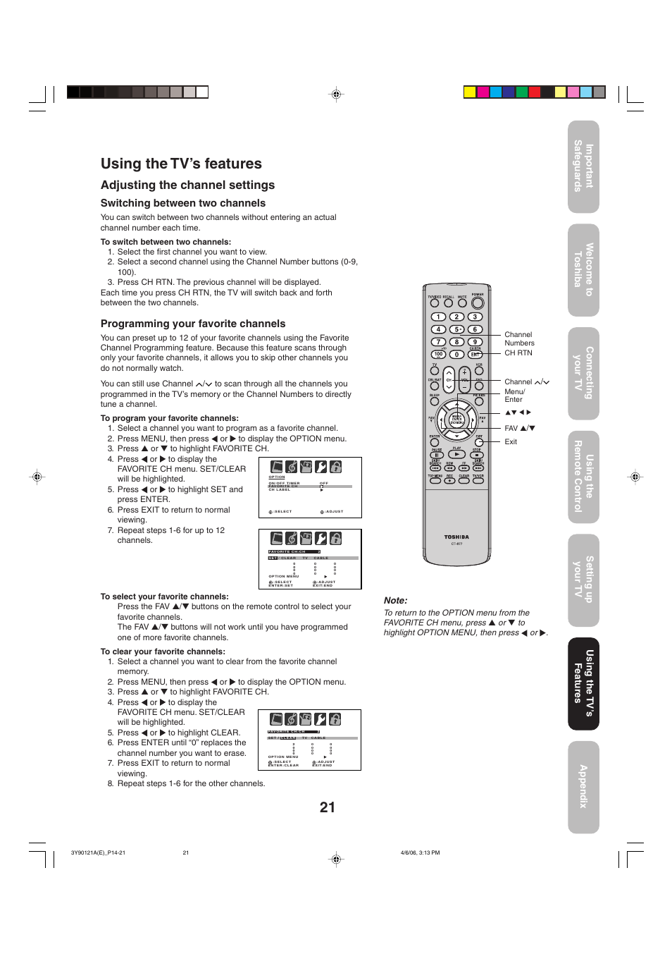 Using the tv’s features, Adjusting the channel settings, Switching between two channels | Programming your favorite channels, Using the tv’ s features | Toshiba 26DF56 User Manual | Page 21 / 80