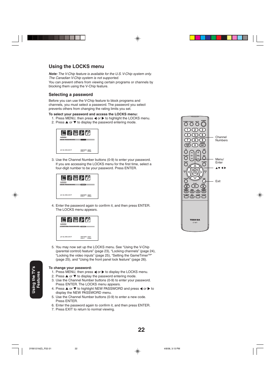 Using the locks menu, Selecting a password, Using the tv’ s features | Toshiba 26DF56 User Manual | Page 22 / 80