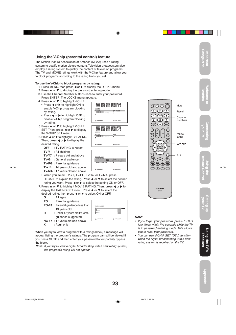 Using the v-chip (parental control) feature, Using the tv’ s features | Toshiba 26DF56 User Manual | Page 23 / 80