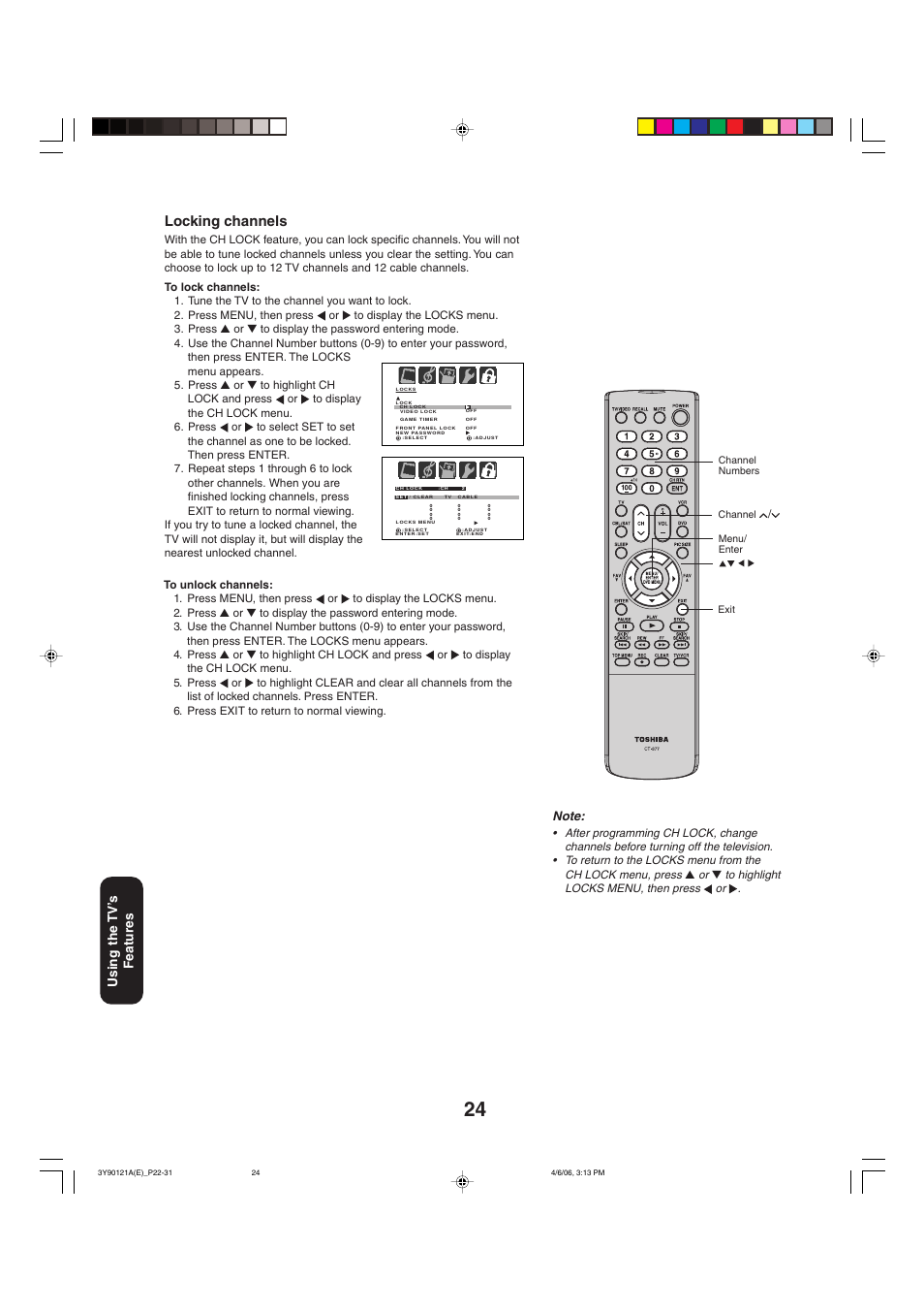 Locking channels, Using the tv’ s features | Toshiba 26DF56 User Manual | Page 24 / 80