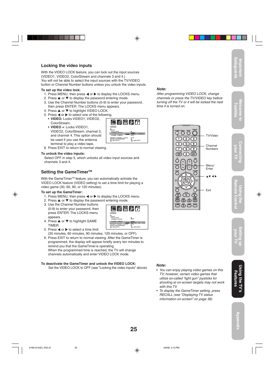 Locking the video inputs, Setting the gametimer | Toshiba 26DF56 User Manual | Page 25 / 80