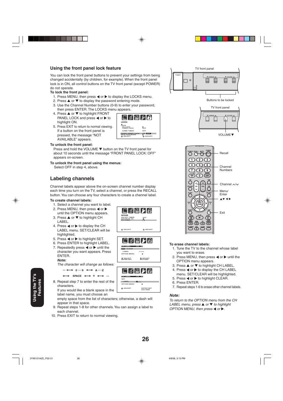 Labeling channels, Using the front panel lock feature, Using the tv’ s features | Toshiba 26DF56 User Manual | Page 26 / 80