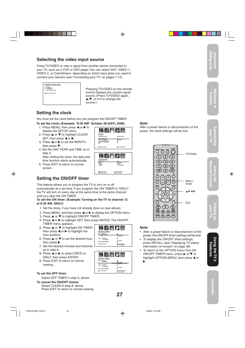 Selecting the video input source, Setting the clock, Setting the on/off timer | Toshiba 26DF56 User Manual | Page 27 / 80