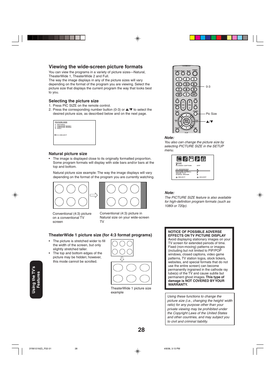 Viewing the wide-screen picture formats, Selecting the picture size, Natural picture size | Toshiba 26DF56 User Manual | Page 28 / 80