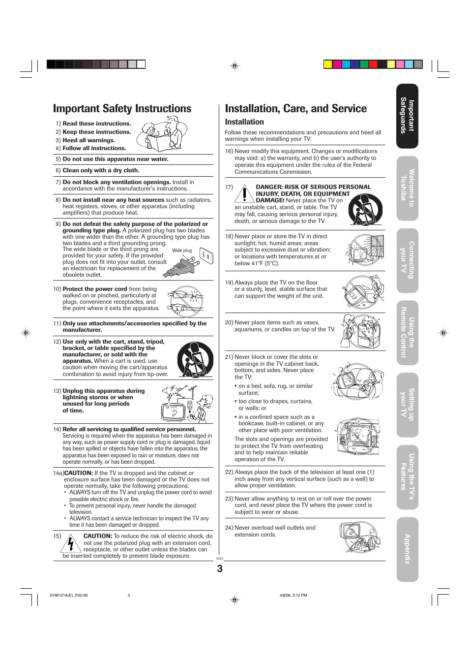 Installation, care, and service, Important safety instructions, Installation | Toshiba 26DF56 User Manual | Page 3 / 80