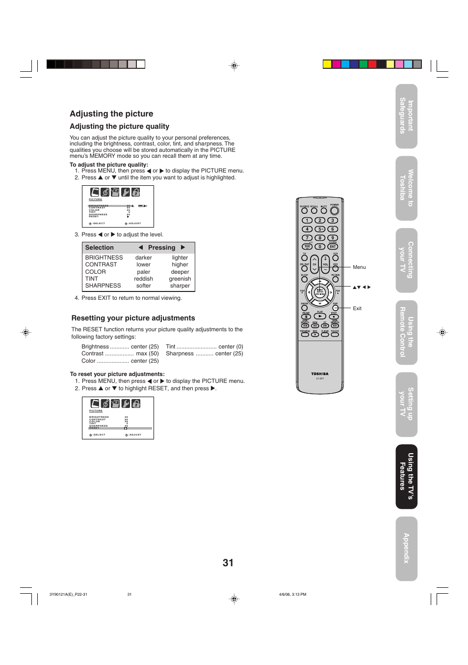 Adjusting the picture, Adjusting the picture quality, Resetting your picture adjustments | Toshiba 26DF56 User Manual | Page 31 / 80