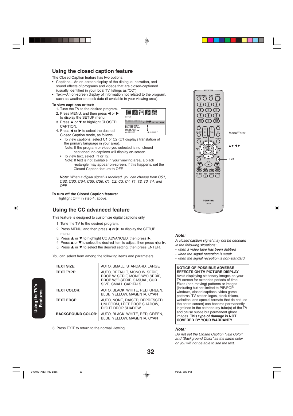 Using the closed caption feature, Using the cc advanced feature | Toshiba 26DF56 User Manual | Page 32 / 80