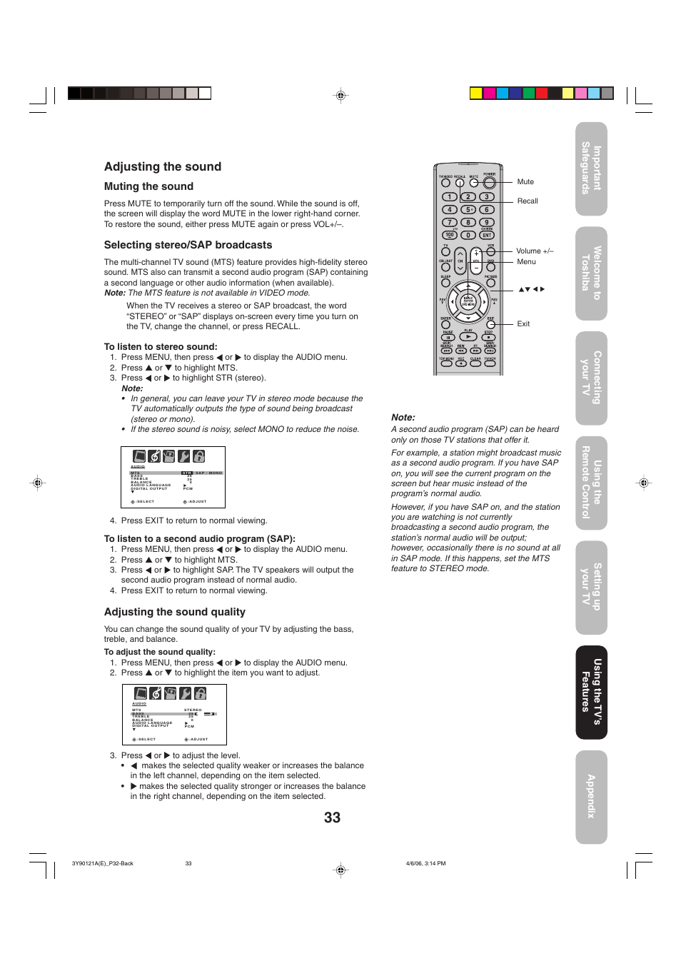 Adjusting the sound, Adjusting the sound quality, Muting the sound | Selecting stereo/sap broadcasts | Toshiba 26DF56 User Manual | Page 33 / 80