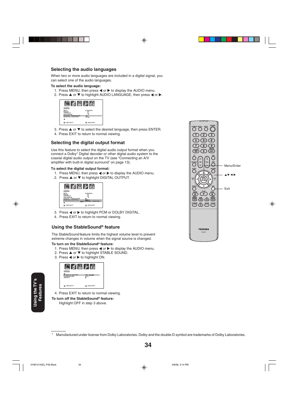 Using the stablesound, Feature, Selecting the audio languages | Selecting the digital output format, Using the tv’ s features | Toshiba 26DF56 User Manual | Page 34 / 80