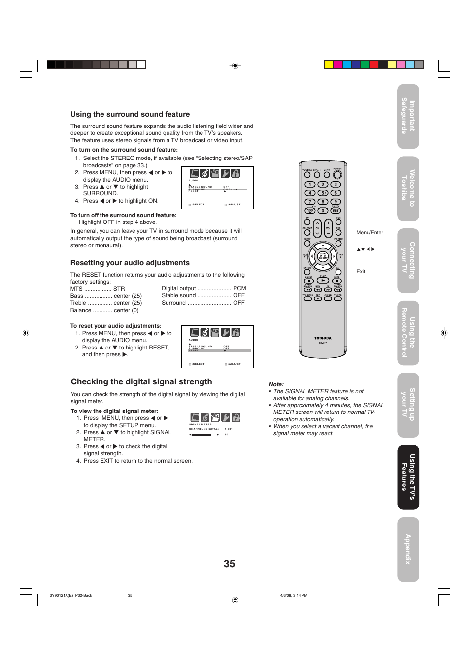 Checking the digital signal strength, Resetting your audio adjustments, Using the surround sound feature | Toshiba 26DF56 User Manual | Page 35 / 80