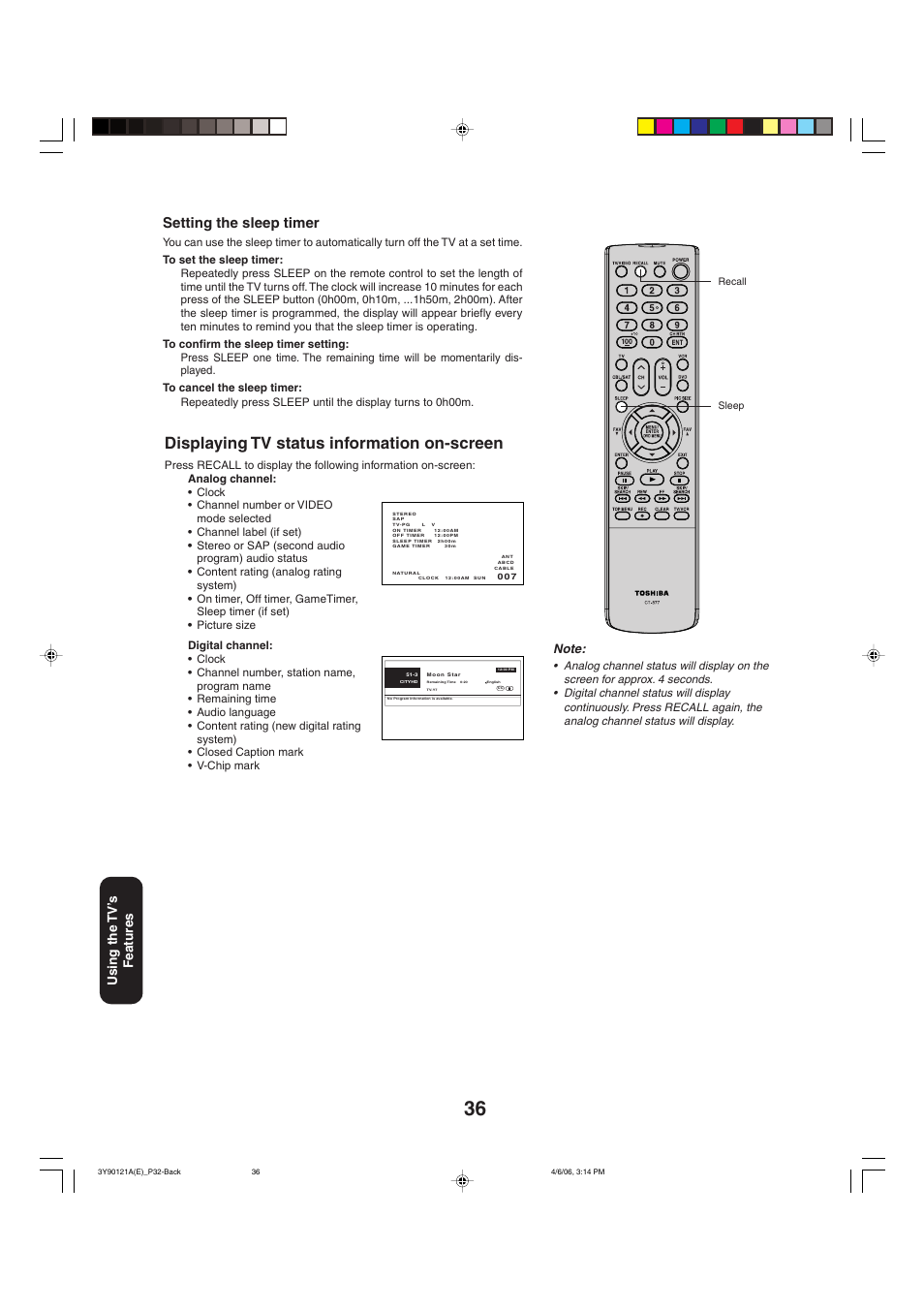 Displaying tv status information on-screen, Setting the sleep timer, Using the tv’ s features | Toshiba 26DF56 User Manual | Page 36 / 80