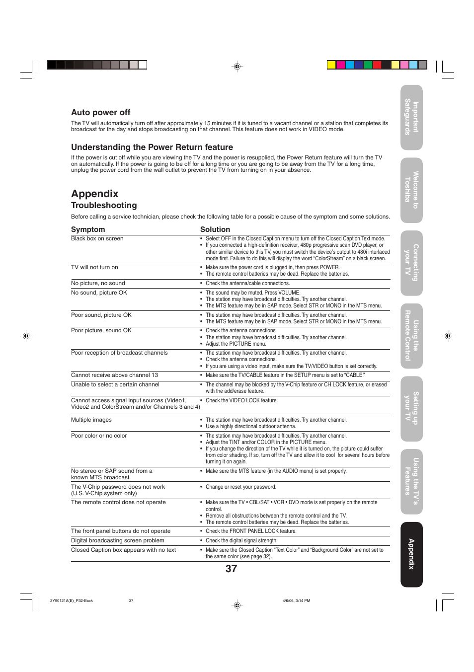 Appendix, Troubleshooting, Auto power off | Understanding the power return feature | Toshiba 26DF56 User Manual | Page 37 / 80