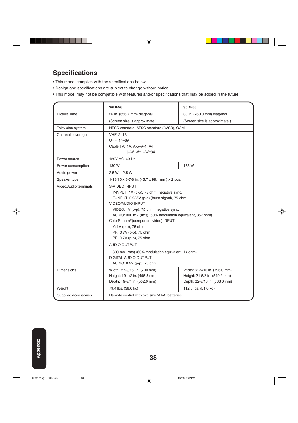 38 specifications | Toshiba 26DF56 User Manual | Page 38 / 80