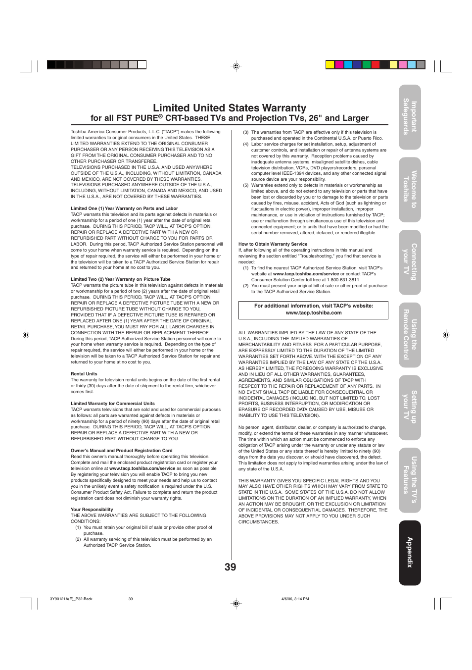 Limited united states warranty, For all fst pure, Crt-based tvs and projection tvs, 26" and larger | Toshiba 26DF56 User Manual | Page 39 / 80