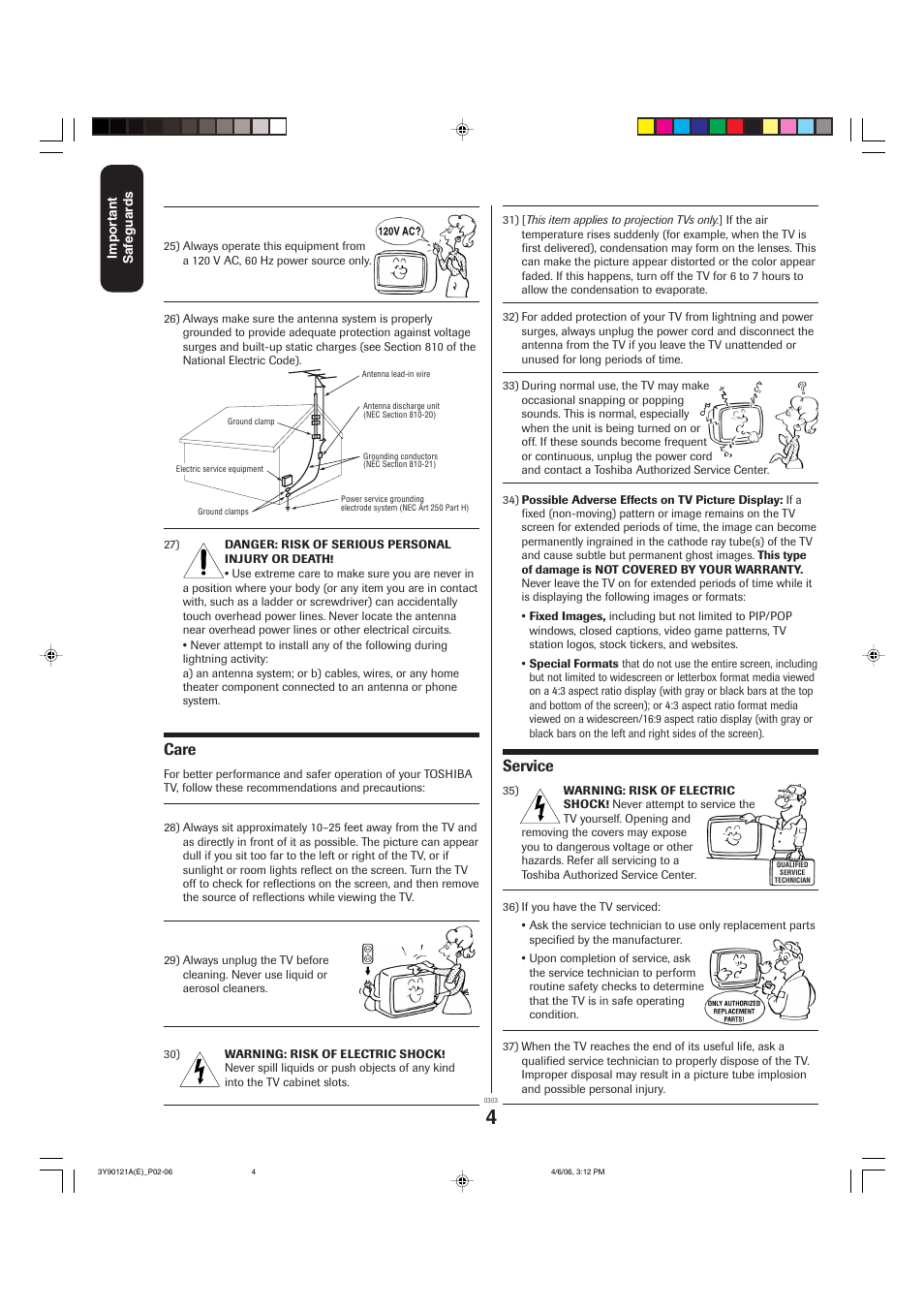 Care, Service | Toshiba 26DF56 User Manual | Page 4 / 80