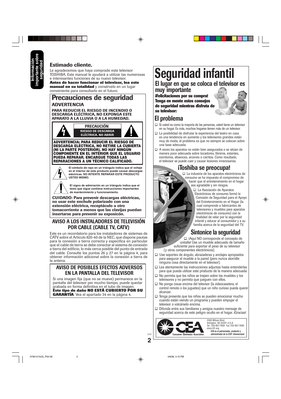 Seguridad infantil, Precauciones de seguridad, El problema | Toshiba se preocupa, Sintonice la seguridad, Estimado cliente | Toshiba 26DF56 User Manual | Page 42 / 80